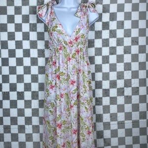 Adjustable tie shoulder floral full length dress v neck flowers white XS